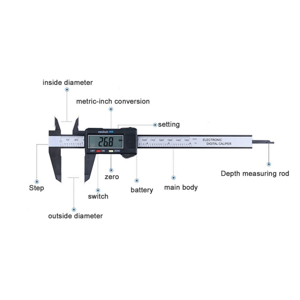 Caliper Ruler Carbon Fiber Composites LCD Digital Caliper 0-150mm Gauge Micrometer Measuring Toolwith Inch to MM Conversion