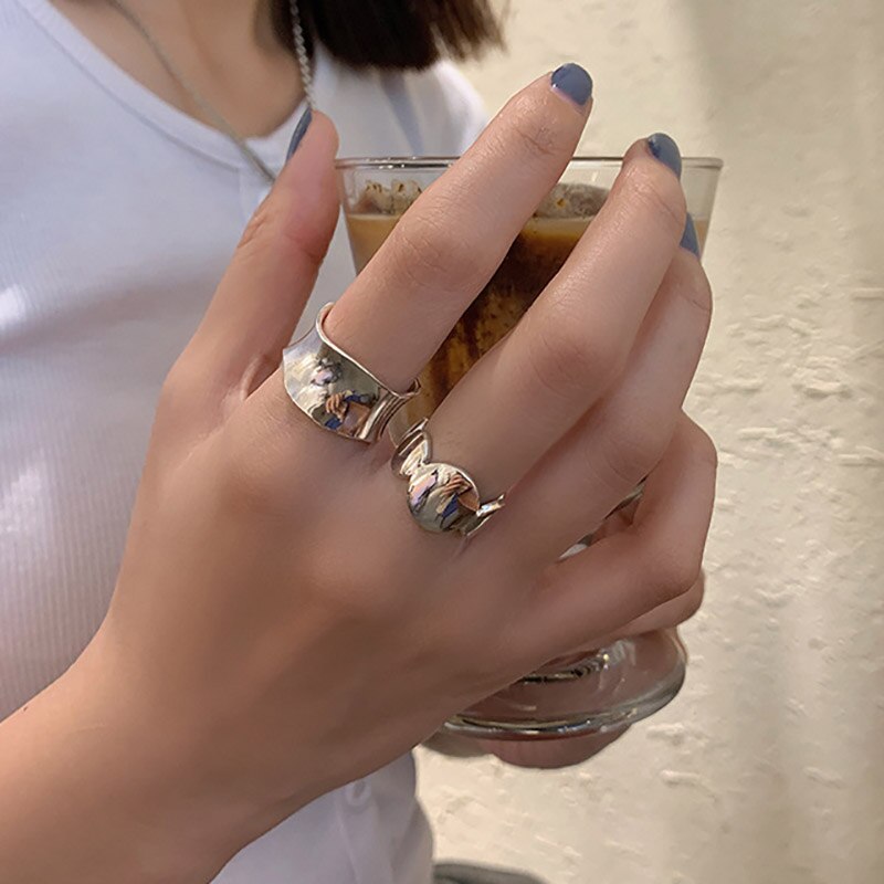 Foxanry 925 Sterling Silver Party Rings for Women Vintage Handmade Irregular Wave Geometric Thai Silver Jewelry