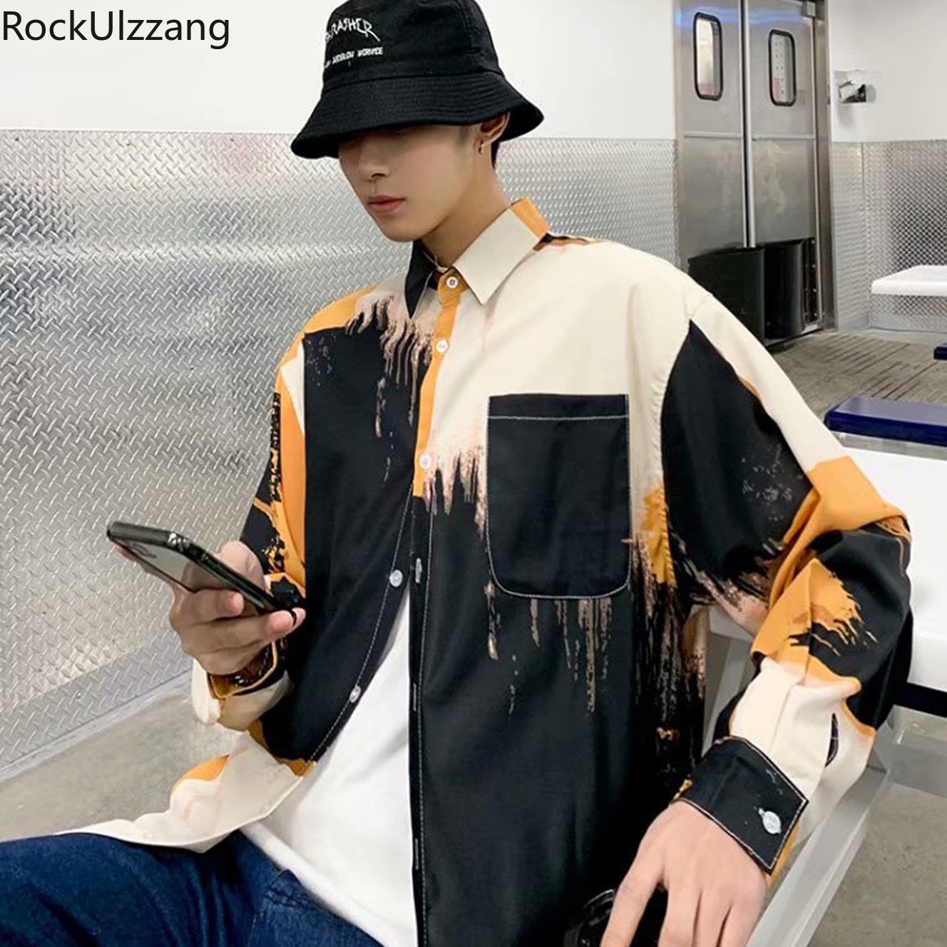Plus Size Long Sleeve Harajuku Top Shirt Men Woman Contrast Tie Dye Print Pocket Blouse Streetwear Hip Hop Japanese Punk