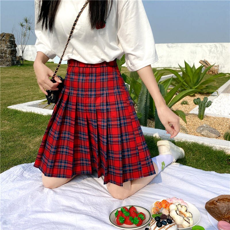 Qiukichon – jupe plissée rouge à carreaux pour femmes, style anglais Preppy, taille haute, élastique, grande taille, printemps été