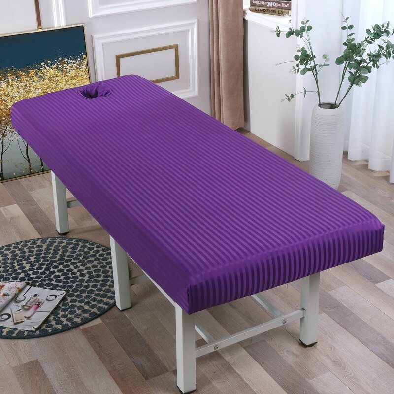 Gestreepte Massage Tafel Bed Hoeslaken Elastische Volledige Cover Rubber Band Massage Spa Bed Cover Met Gezicht Gat 4 maten: 190x80 / Paars