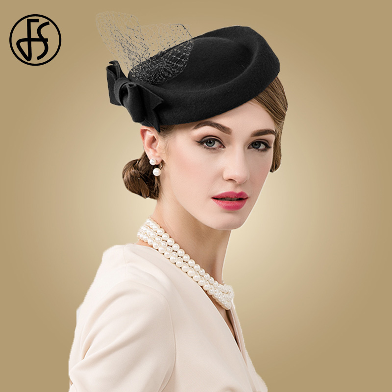 Fs fascinators naisille villa muodollinen kuninkaallinen hatut naisten hattu häät pillerirasia derby cocktail huopa vintage chapeu fedora: Musta kiehtova hattu
