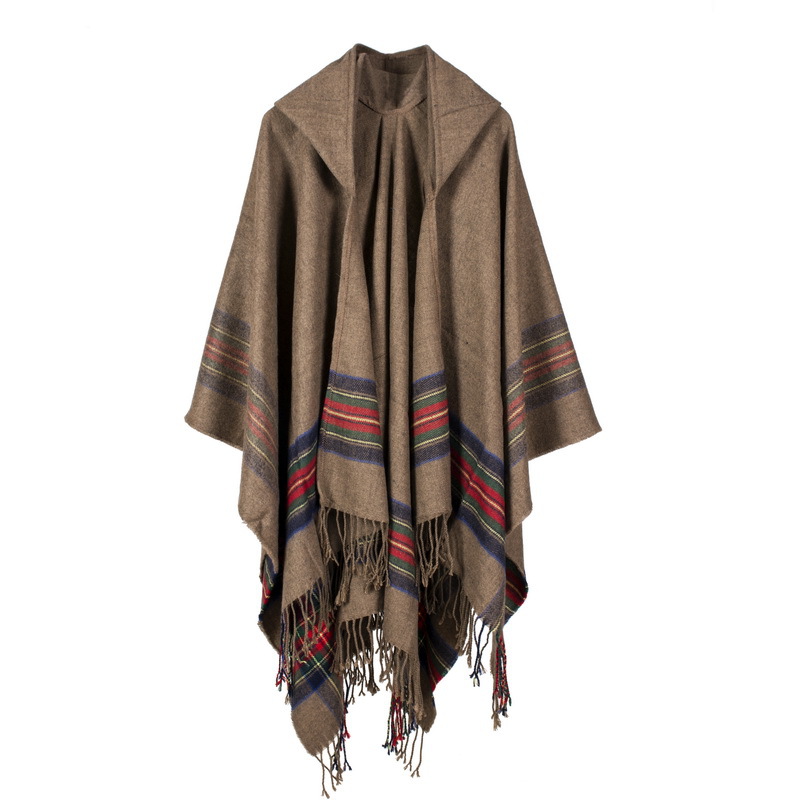 Oversized Shawls Warm Winter Hooded Wrap Cashmere Poncho Plaid Capes Outwear Cardigans Sweater Coat Tassel: 1