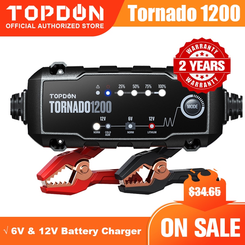 Car Battery Charger Topdon T1200 6V 12V Automatic Lead Acid Lithium Batteries Charger IP65 Car Motorcycle Battery Charger