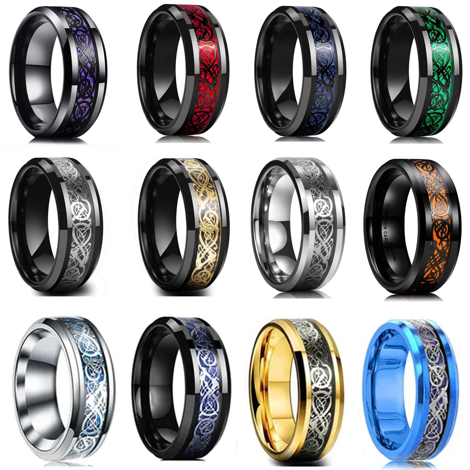 Anillo clásico de 8mm de tungsteno negro para boda, dragón celta para hombres, anillo de fibra de carbono rojo de acero inoxidable a la