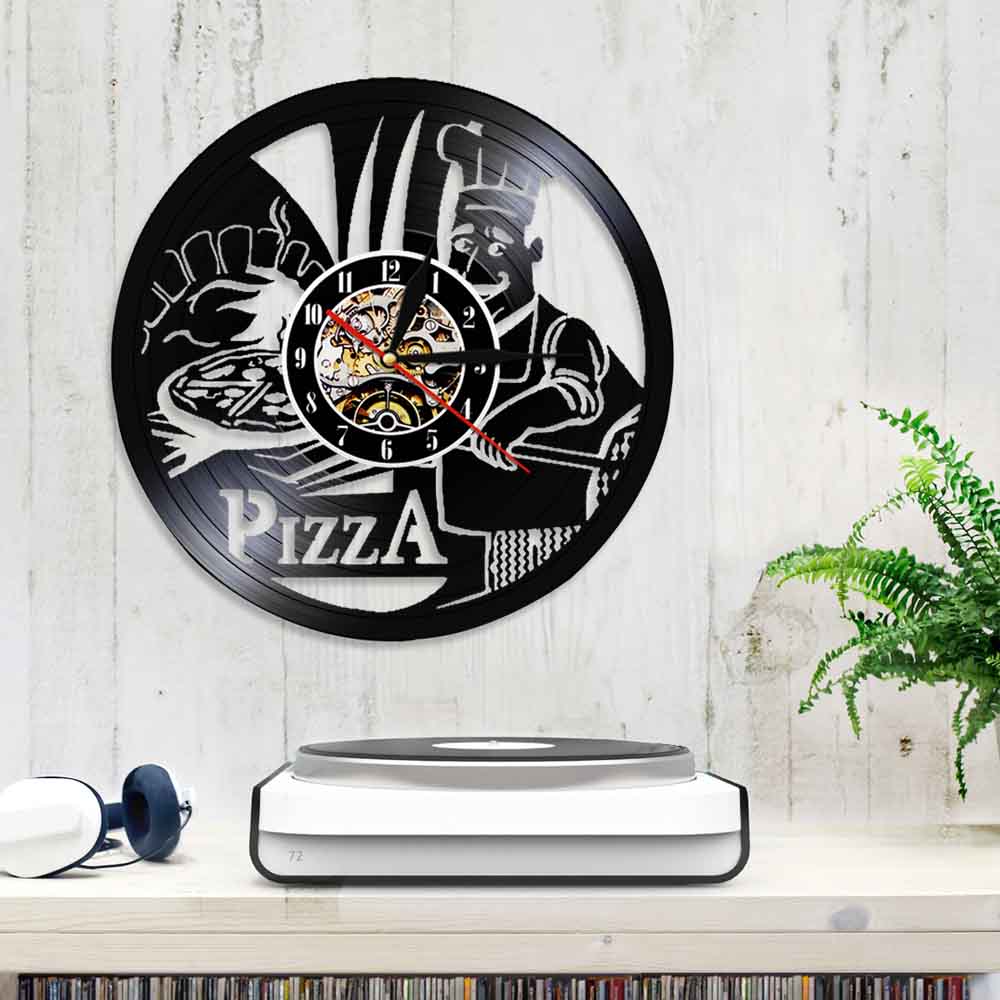 Pizza Shadow Art Clock Food Theme Vinyl Record Wall Clock Modern Kitchen Clock Wall Art Decor For Kitchen Room