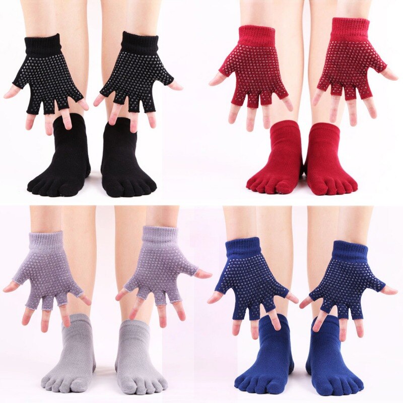 1 paire de chaussettes d'orteil de Yoga ensemble de gants antidérapants complet doigt chaussettes gants costume coton absorbant la sueur chaussettes de sport