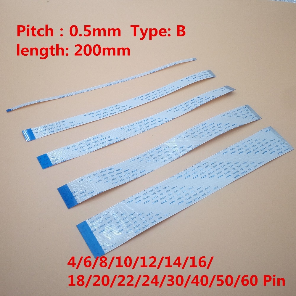 10 stk ffc 200mm 0.5mm revers b type motsatt side fleksibel flatkabel 4/6/8/10/12/14/16/18/20//30/32/40/50/60 pin awm 20624