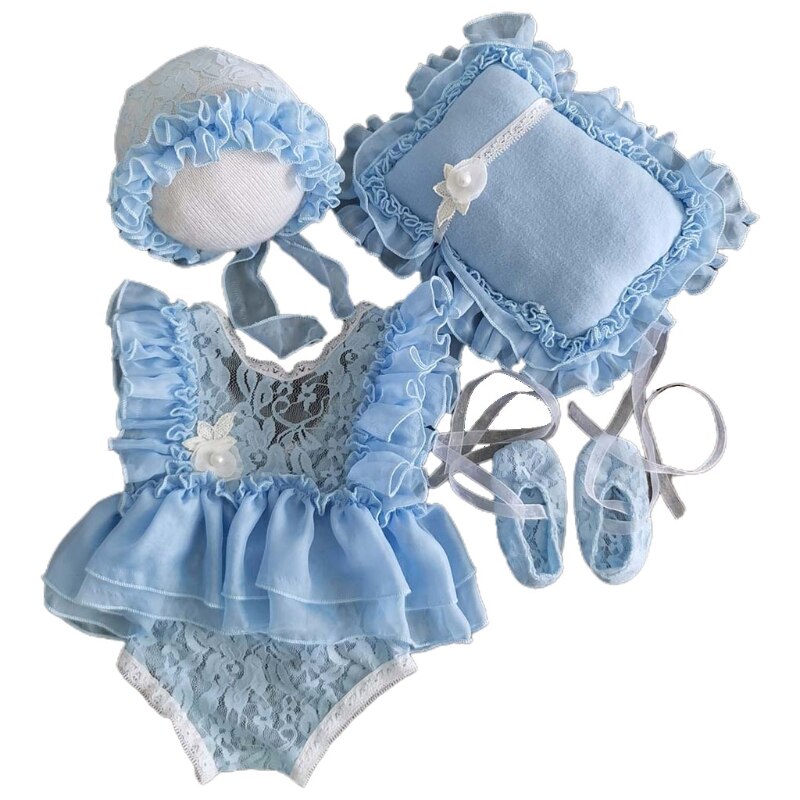 Set van 5 pasgeboren fotografie-accessoires: kanten jurkje, hoedje, kussentje, korte broek en schoenen.: 2