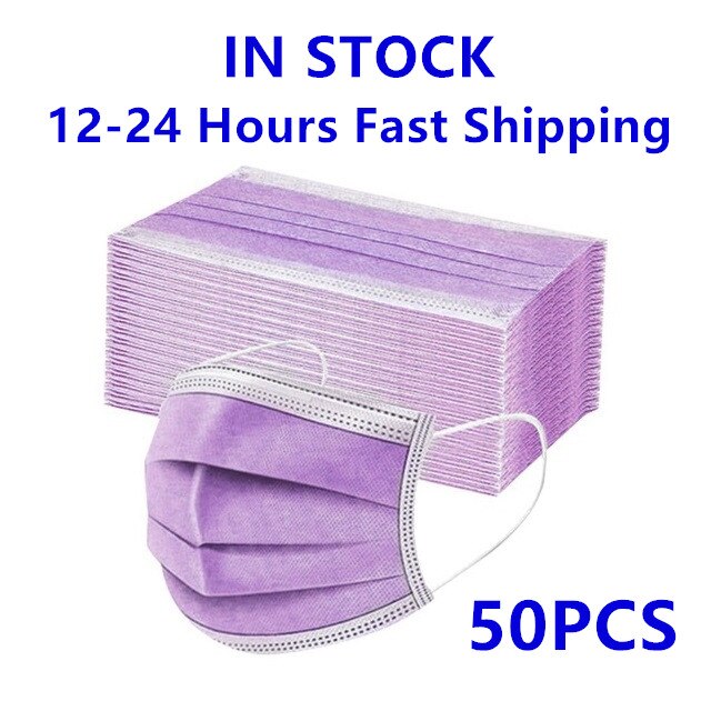 10/50 stk. maske engangs ansigtsmaske sort nonwoven 3 lag filter anti-støv åndbar beskyttende voksenmaske mundmasker på lager: Lilla -50