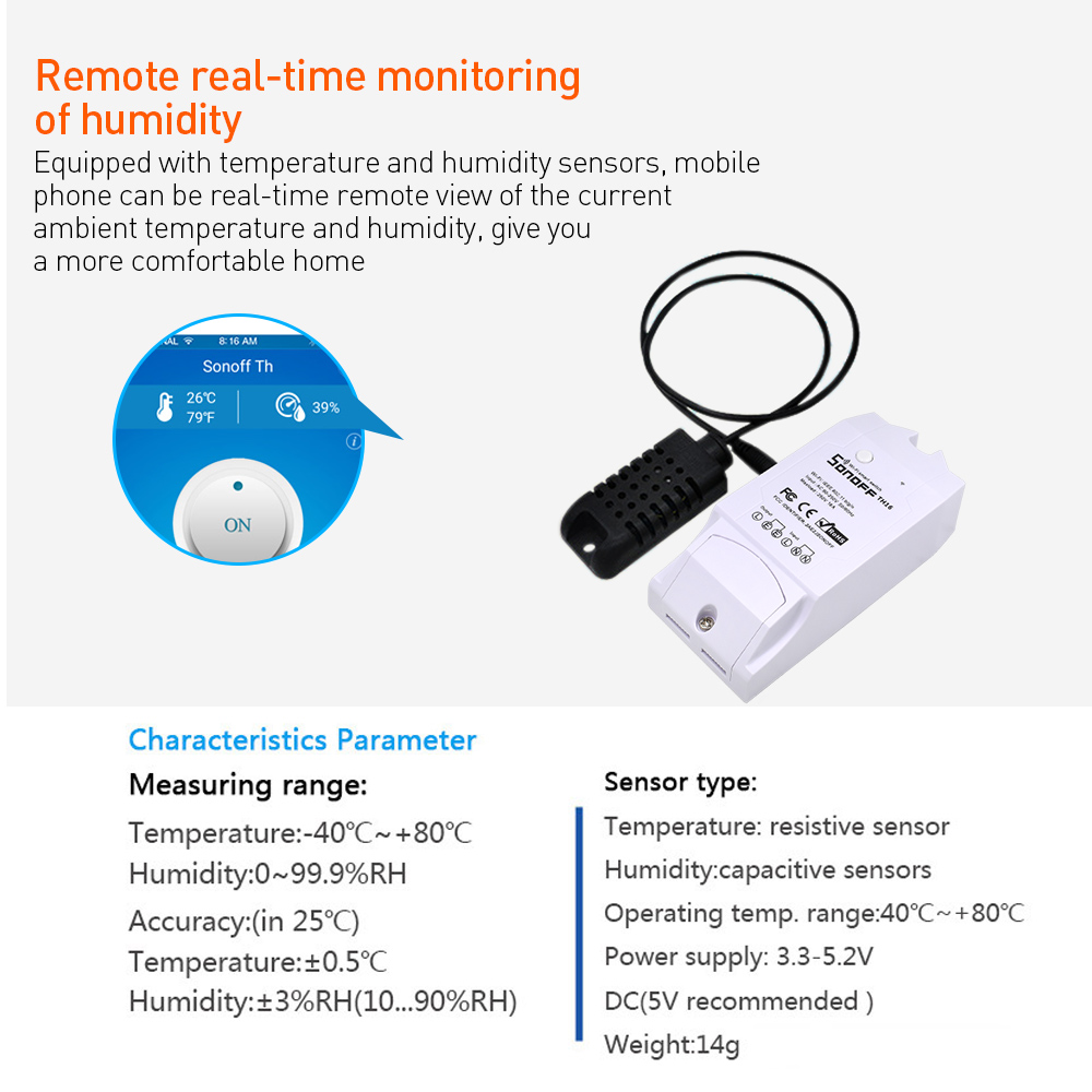 SONOFF TH10/TH16 DS18B20/SI7021/Al560 Temperatue Humidity Sensor Extension Cable Monitor Wireless Wifi Smart Light Switch Alexa