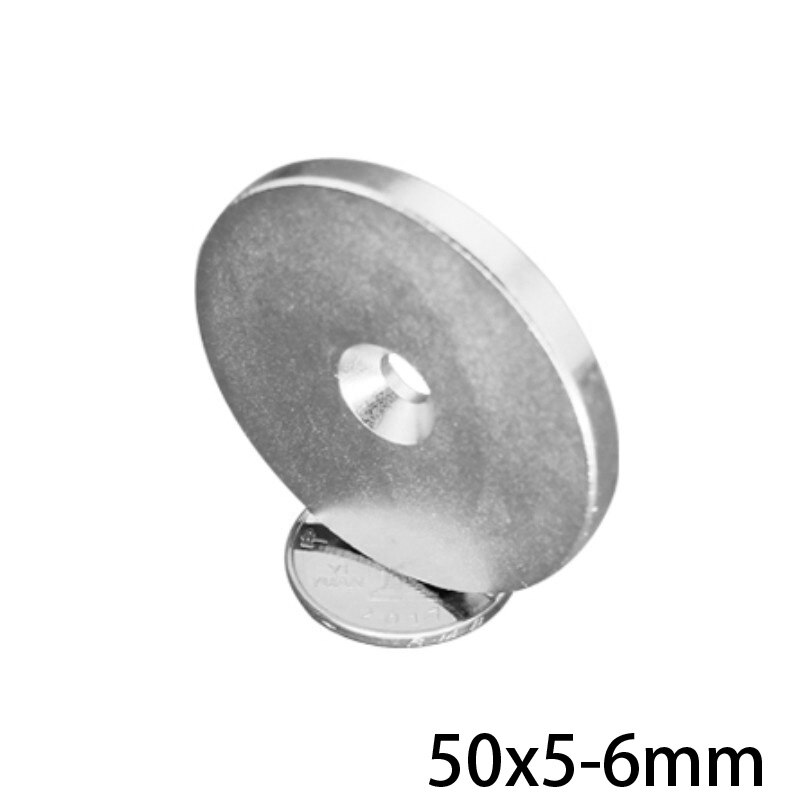 Imán de neodimio 50x5-6mm, imanes fuertes de neodimio 50x5 agujeros, 6mm redondos avellanados, imán de disco grande 50x5-6 1 ~ 10 Uds.