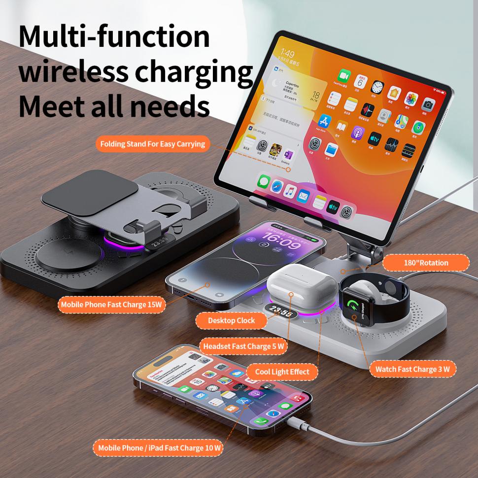 Station de recharge sans fil pliable 4 en 1 pour iPhone série 16 ~ 12, Station de recharge sans fil pour série iWatch, série AirPods