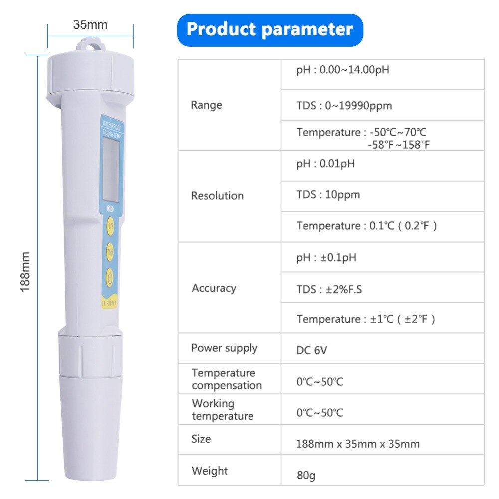 Professionele 3 In 1 Drinkwater Analyzer Ph Monitor Tds Ph Meter Voor Aquarium Acidometer Tds/Ph/temp Meting Tool