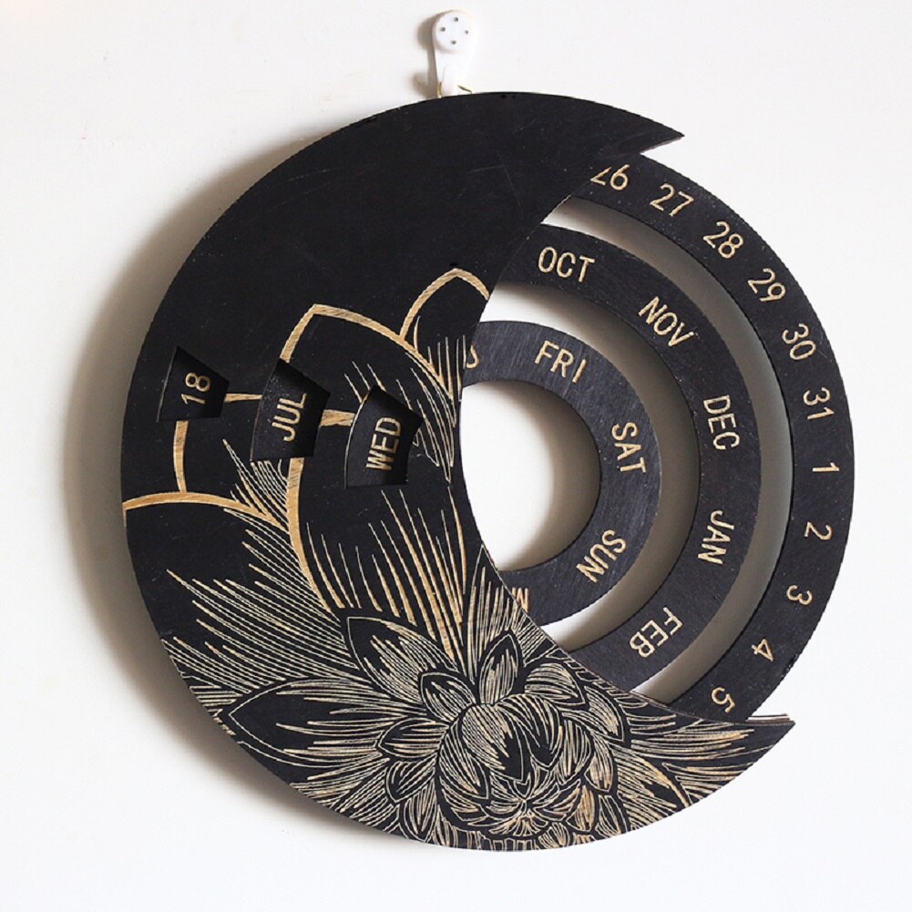 Wooden Calendar Floral Print Rotatable Permanent Calendar Decorative Ornaments for Living Room Bedroom Perpetual calendar: 1