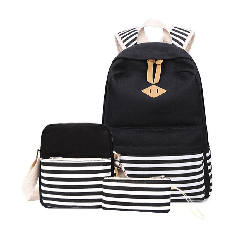 3 pièces noir et blanc rayure vintage toile sac à dos fille cartable enfants sac à dos sacs d'école pour filles sac à bandoulière porte-crayon: black