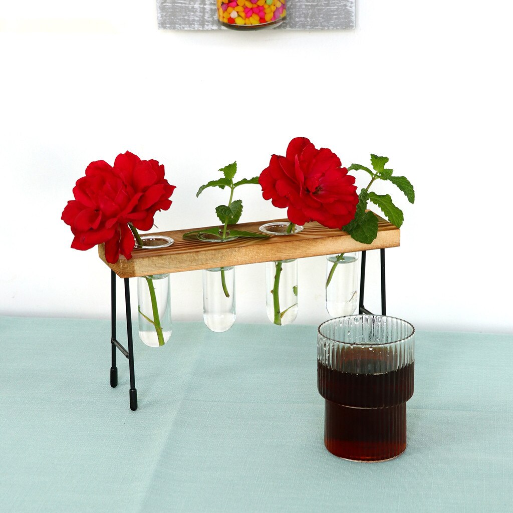 Table Desk Bulb Glass Hydroponic Vase Flower Plant Pot Wooden Tray