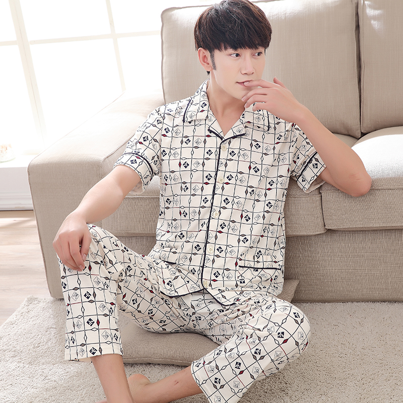 Men's Pajamas Summer Short Sleeve Sleepwear Cotton Geometric Cardigan Pyjamas Men Lounge Pajama Sets Plus size M-4XL Sleep