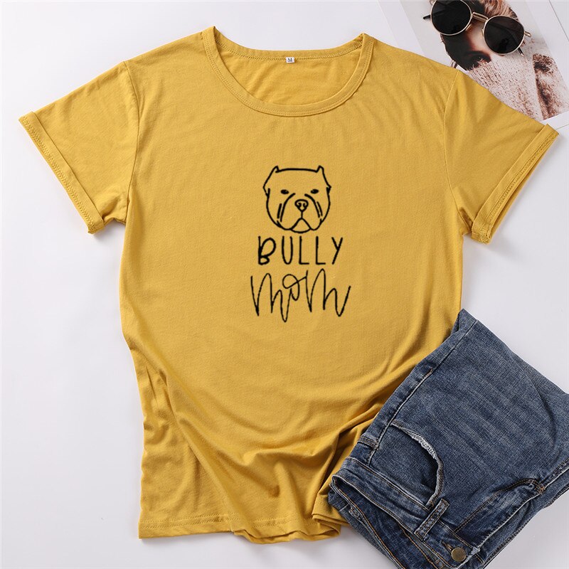 Camiseta de manga corta con cuello redondo para mujer, camisa UNISEX con estampado de Bully dog mom, 100% algodón, Harajuku,