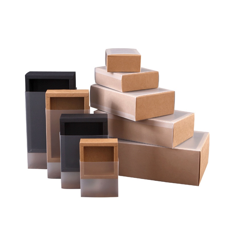 10 stk sort kraftpapir æske med scrub pvc vindue kraft emballage skuffe æsker slik kage æske til bryllup jul
