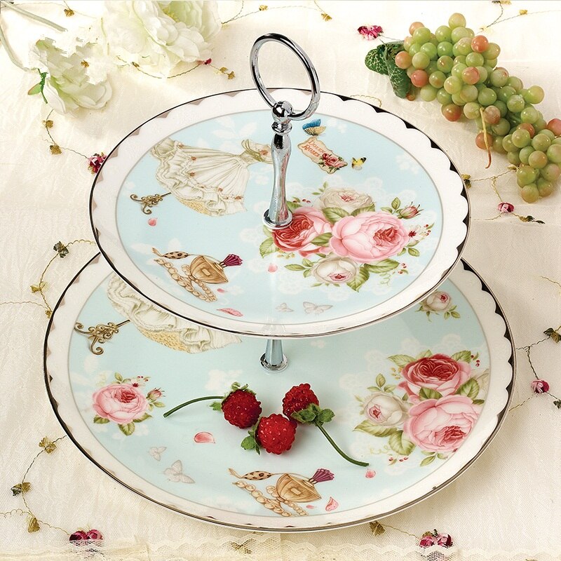 Ceramic Double Layer Fruit Dessert Plates Cake Snack Tray Holder Display Rack European Flower Style Living Room Home Decor Plate