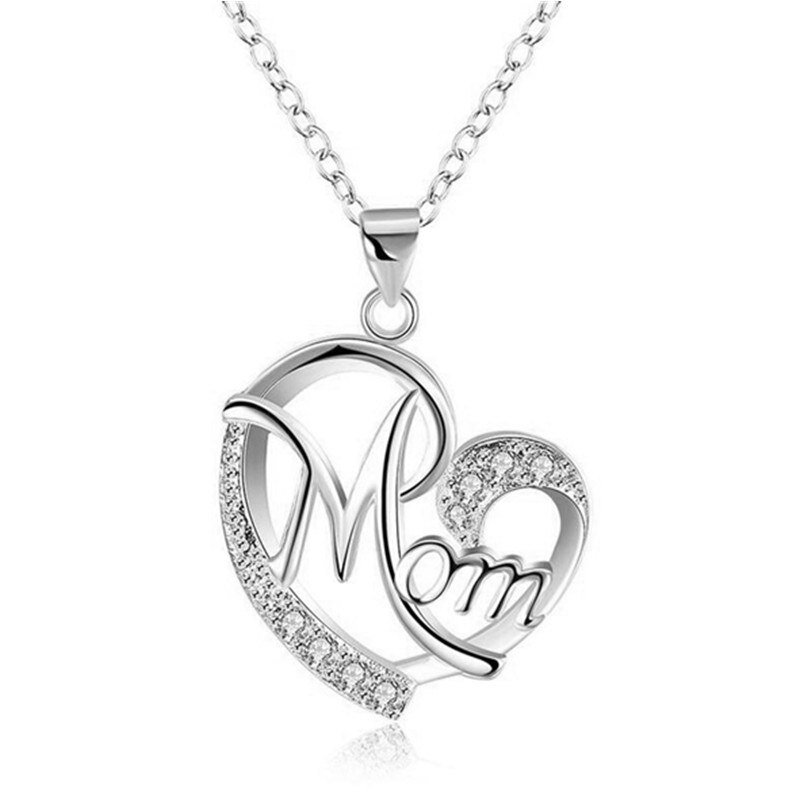 Letter Mom Heart Shaped Crystal Pendant Necklace Mother's Day The Best for Mom with Jewelry: Silver