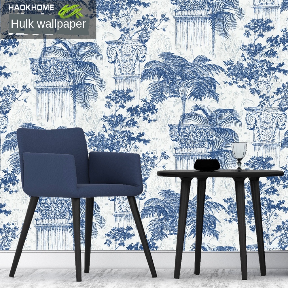 blue and white porcelain ancient Greek Roman column TV background personality hotel tea house entrance wallpaper