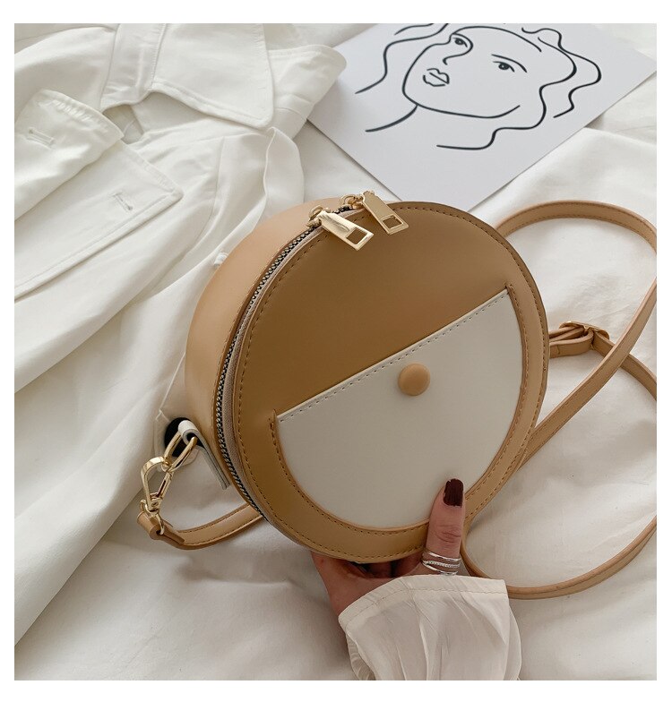 Small Round Shoulder Bag - PU Leather - Single Strap - Zipper Closure - Casual Tote: Khaki