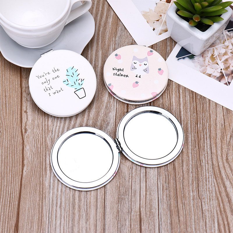 Pu Lederen Kleine Ronde Spiegel Ronde Cirkel Dubbelzijdig Vouwen Meisjes Spiegel Draagbare Kat Plant Print Make Up Spiegel
