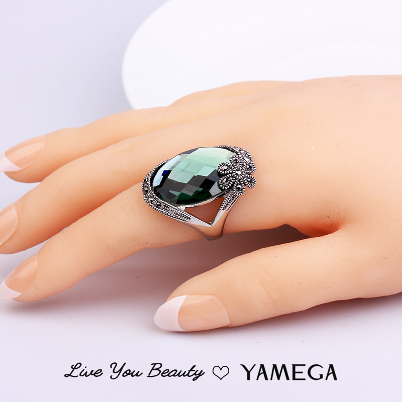 Vintage Metal Big Rings Statement Unique Party Boho Gray Green Crystal Ring For Women Girls Jewelry Accessories