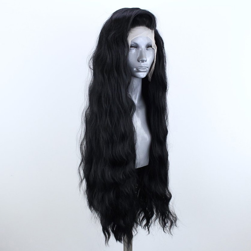 Pelucas de QUINLUX pelucas de onda largas y negras resistentes al calor de fibra de pelo pelucas de encaje sintético para mujeres pelucas de maquillaje de uso diario