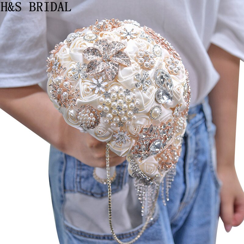 H &amp; S BRIDAL Teardrop Bruidsboeket Rose Bruids Bloem Boeket Handgemaakte Crystal Bruidsboeket Waterval boeket de mariage