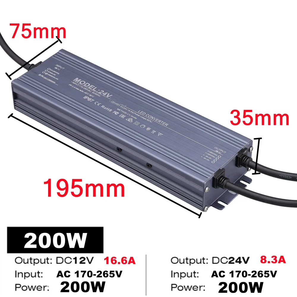 Waterproof Power Supply IP67 IP68 Lighting Transformer AC220V To DC 12V 24V LED Driver 100W 200W 300W 400W 500W Outdoor Adapter: green / 12V