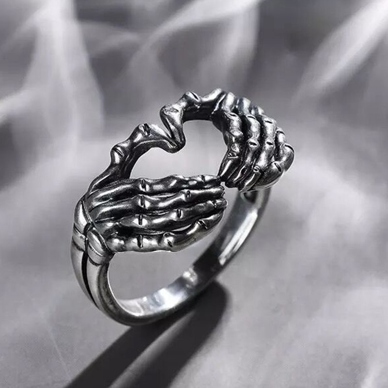 Gothic Skeleton Skull Hand Heart Rings for Men Vintage Punk Love Gesture Finger Couple Ring Women Wedding Jewelry Halloween