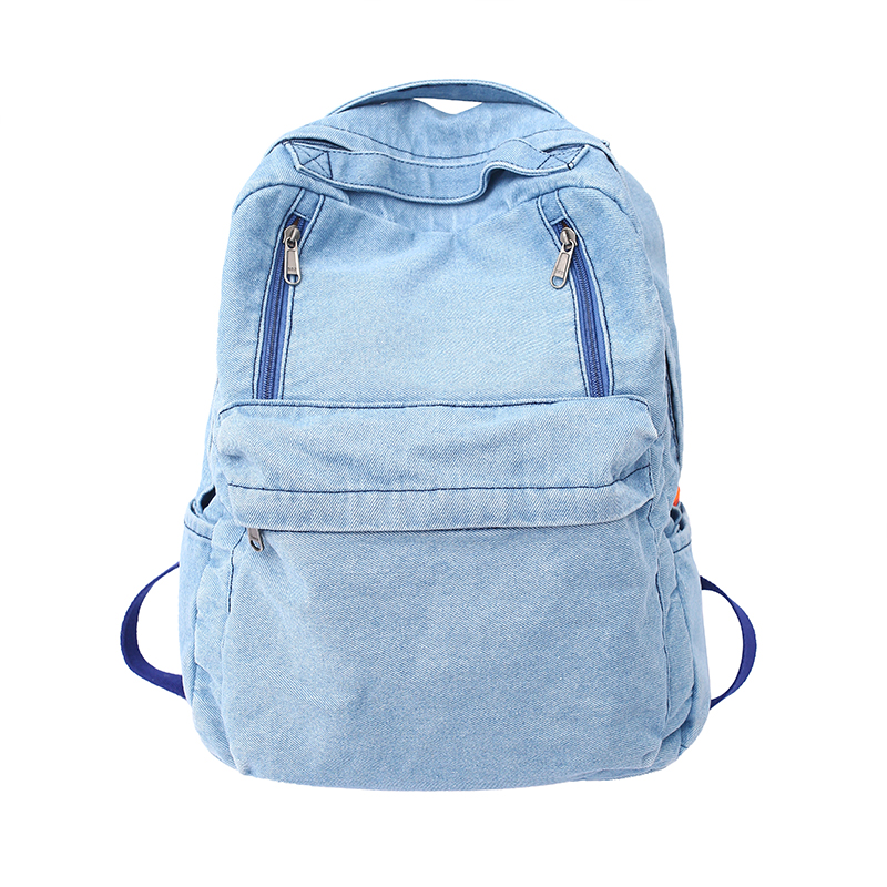 Vintage Casual Backpack Women Travel Bag High Capacity Solid Color Women's Backpack Student Zipper School Bag: light blue