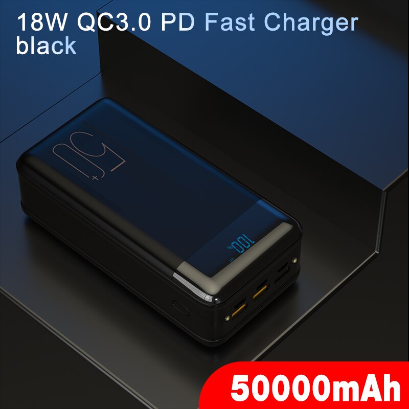 Power Bank 50000mAh 18W PD QC3.0 Quick Charge Poverbank External Battery Portable Powerbank 50000mAh for iPhone 12 Pro 11 Xiaomi: 18W QC3.0 PD Black