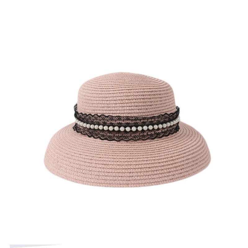 Modieuze strohoed strandhoed dames zomer strand zonnehoed buiten zonnehoed reizen grote dakrand zonnehoed: Roze zwart lint