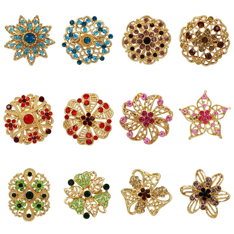 WEIMANJINGDIAN Lots de 12 pièces cristal strass fleur broche broches ensemble pour bricolage mariage Bouquet Kits bijoux accessoires: KZ040 color gold