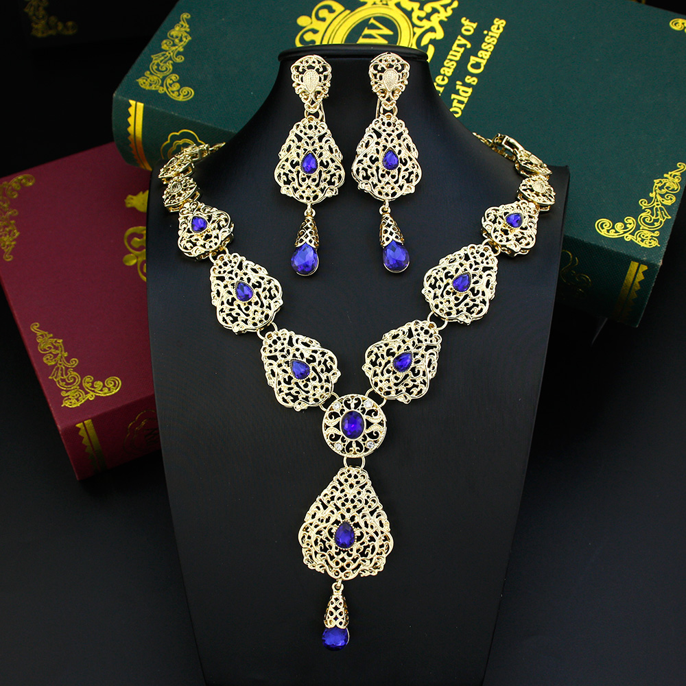 Algerije Marokko Sieraden Sets Lange Oorbel Ketting Set Voor Vrouwen Holle Arabesque Hanger Ketting Goud Kleur Bruid Sieraden: Licht Geel Kleur