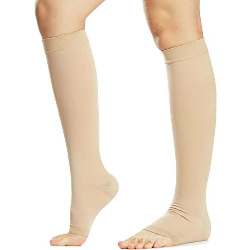 Open Teen Knie Hoge Kalf Compressie Sokken Vrouwen &amp; Mannen Firm 20-30 Mmhg Afgestudeerd Ondersteuning Voor Spataderen oedeem Vlucht Sokken: skin / XXL EUR 42-46