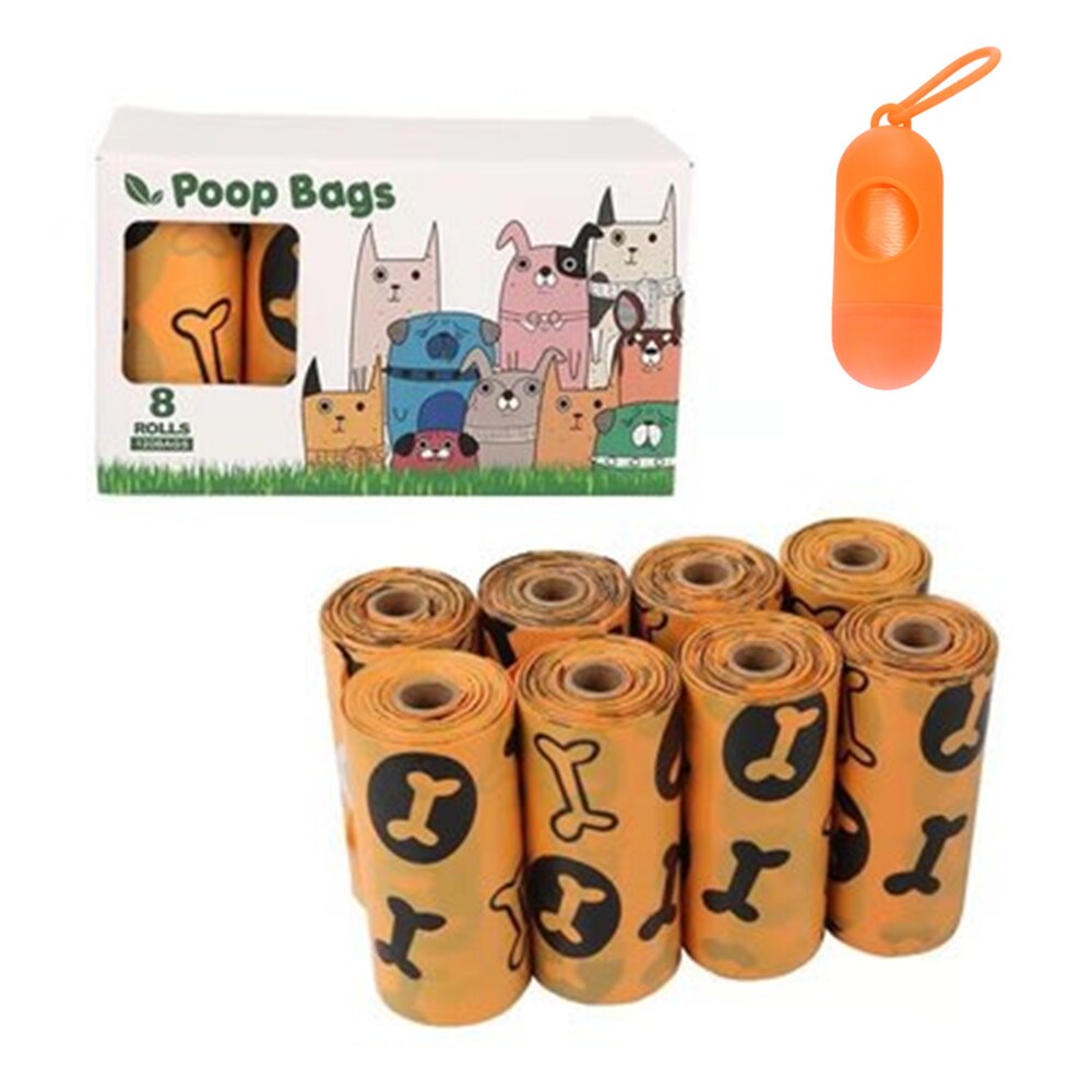 8 Rolls Pet Waste Bags Eco-Friendly Biodegradable Pet Toilet Litter Dog Poop Bag Contain Dispenser Puppy Supplies: Orange Bone