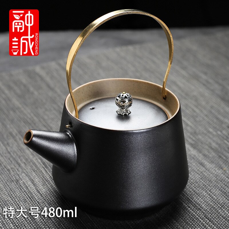 Vintage Tea Loop-handled Teapot Ceramic Retro Tea Making Device Household Copper Handles Single Teapot Tea Kettle Japanese Style: Antique Pottery  Teapot Extra Large  T Beam Pot Black Zen 480Ml