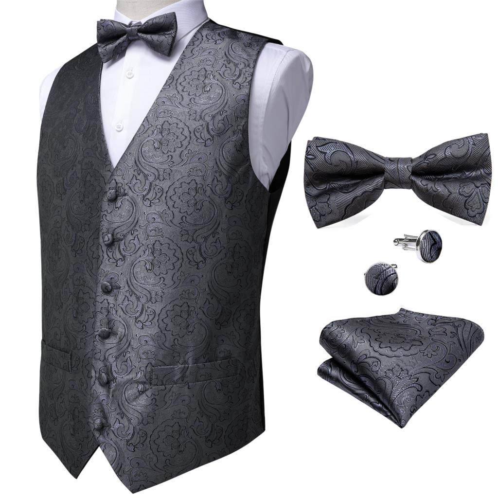 DiBanGu – gilet de smoking avec poche et nœud papillon pour homme, Blazer formel, gris foncé, argent, rouge, fête de mariage, ensemble carré