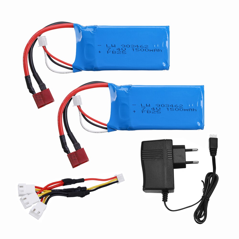 Mise à niveau de 7.4v batteries lipo 1500 2s pour wltoys  a959-b  a969-b  a979-b  k929b rc desert truck car, pièces de rechange et chargeur: 2 pièces 3 en 1 eu