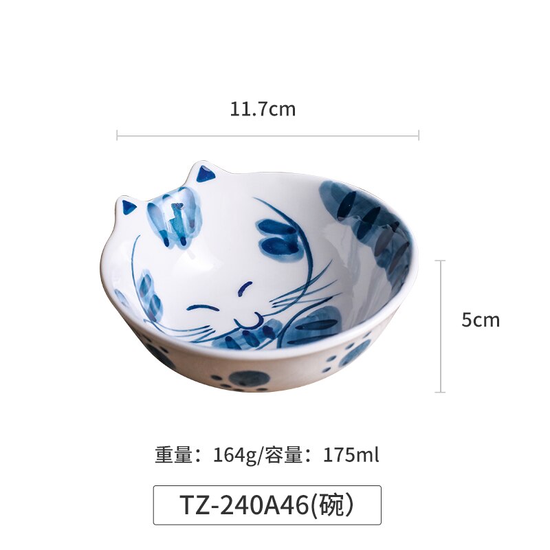 Japansk keramik tecknad katt porslin ris skål krydda maträtt minimalistisk hem hotell restaurang rund mellanmål dessert sushi tallrik: H -175ml