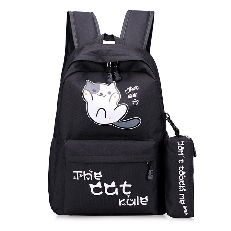 Leuke Cartoon Kat Schooltassen Tiener Meisjes Rugzak Voor Vrouwen Schooltas Effen Nylon Student Schooltas Tiener Casual Boekentas: Zwart