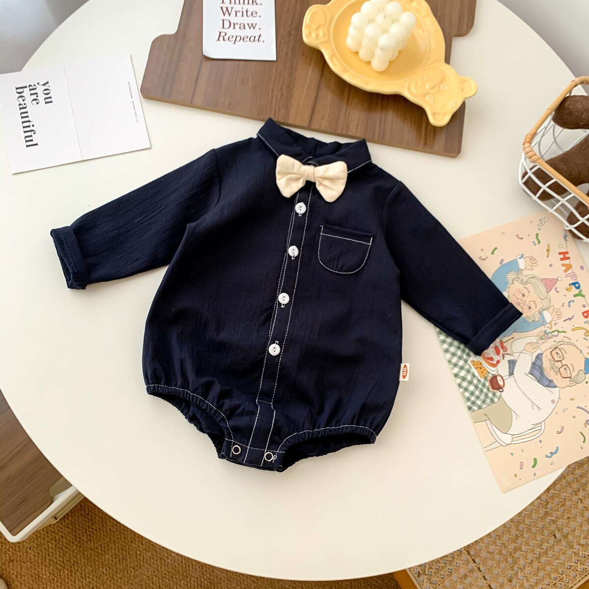 9763B Baby Kleding Jongen Bodysuit 2022 Baby Knappe Gentleman Strikje Shirt Klimmen Pak 100 Dagen Party Kleding: Black / 90 for 2y