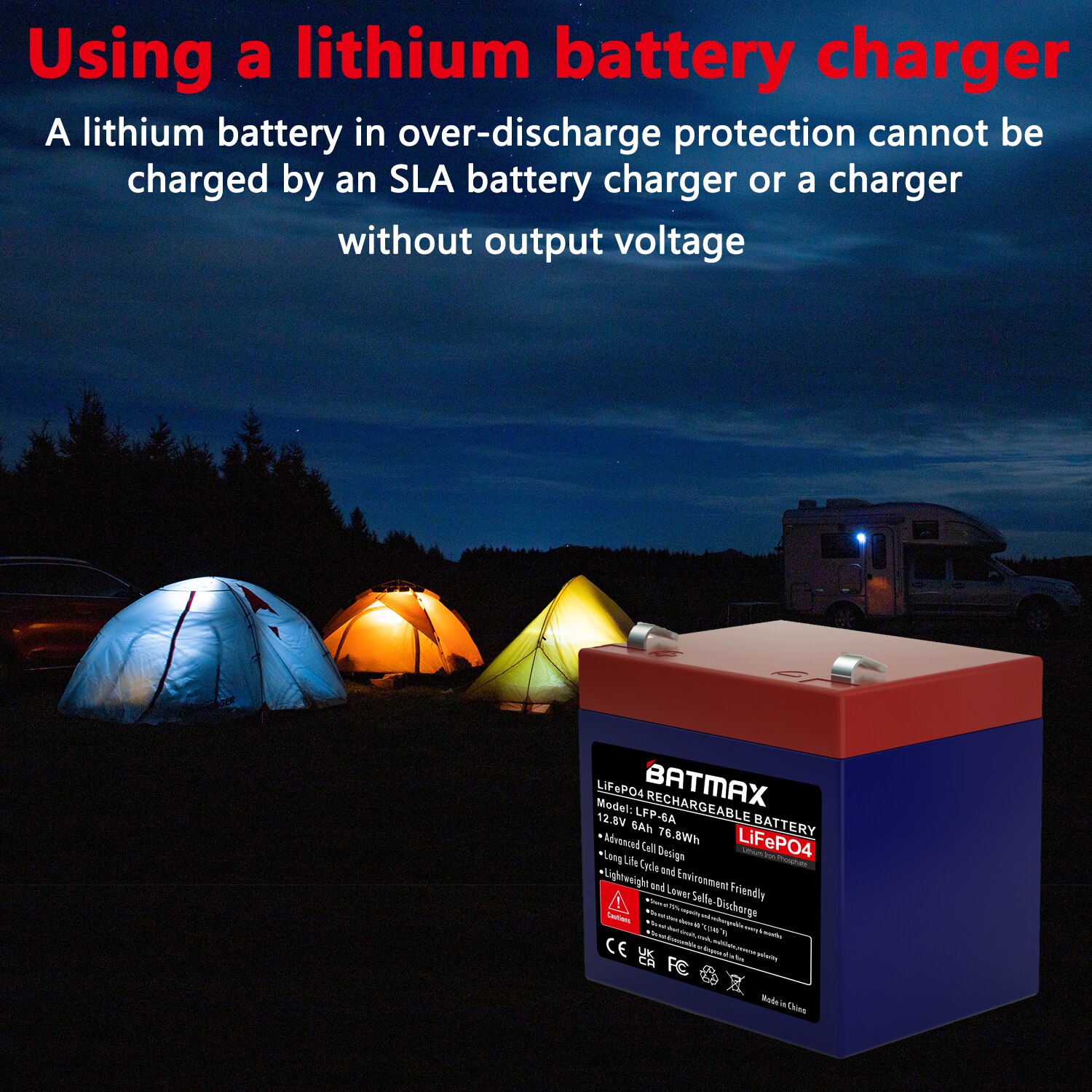 Batmax 12V 6A Lithium LiFePO4 Deep Cycle Rechargeable Battery for RV, Solar, Marine, Overland, Off-Grid Applications