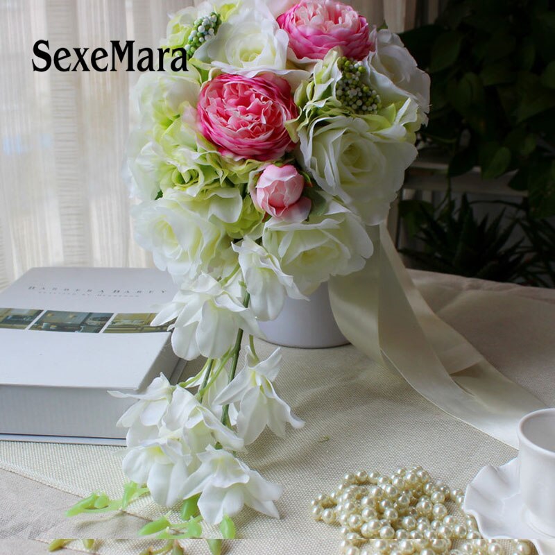 white Buque De Noiva Wedding BouquetsWater shaped bride holding flower waterfall hand flower wedding