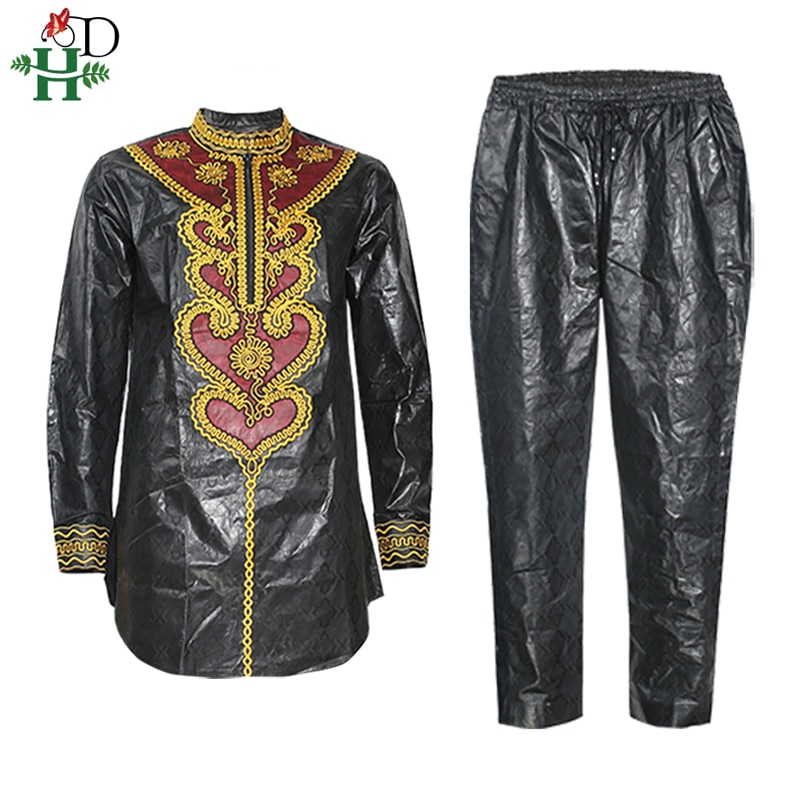 H & D Dashiki Mannen Shirt Broek Pak Borduurwerk Bazin Lange Mouwen Tops Met Broek Plus Size Afrikaanse Mannen Kleding Gewaad Africain